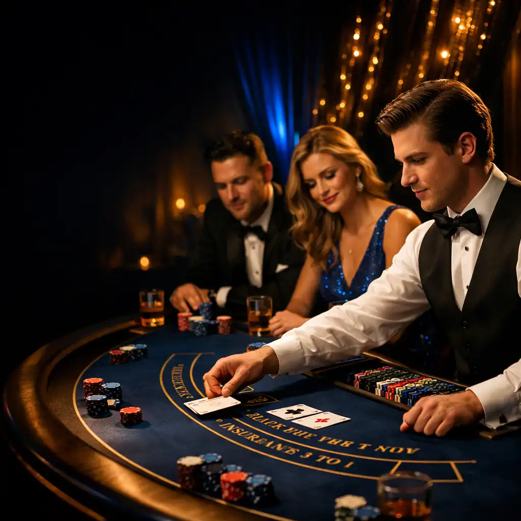 Elegancki stół do blackjacka z krupierem rozdającym karty podczas wieczoru kasynowego