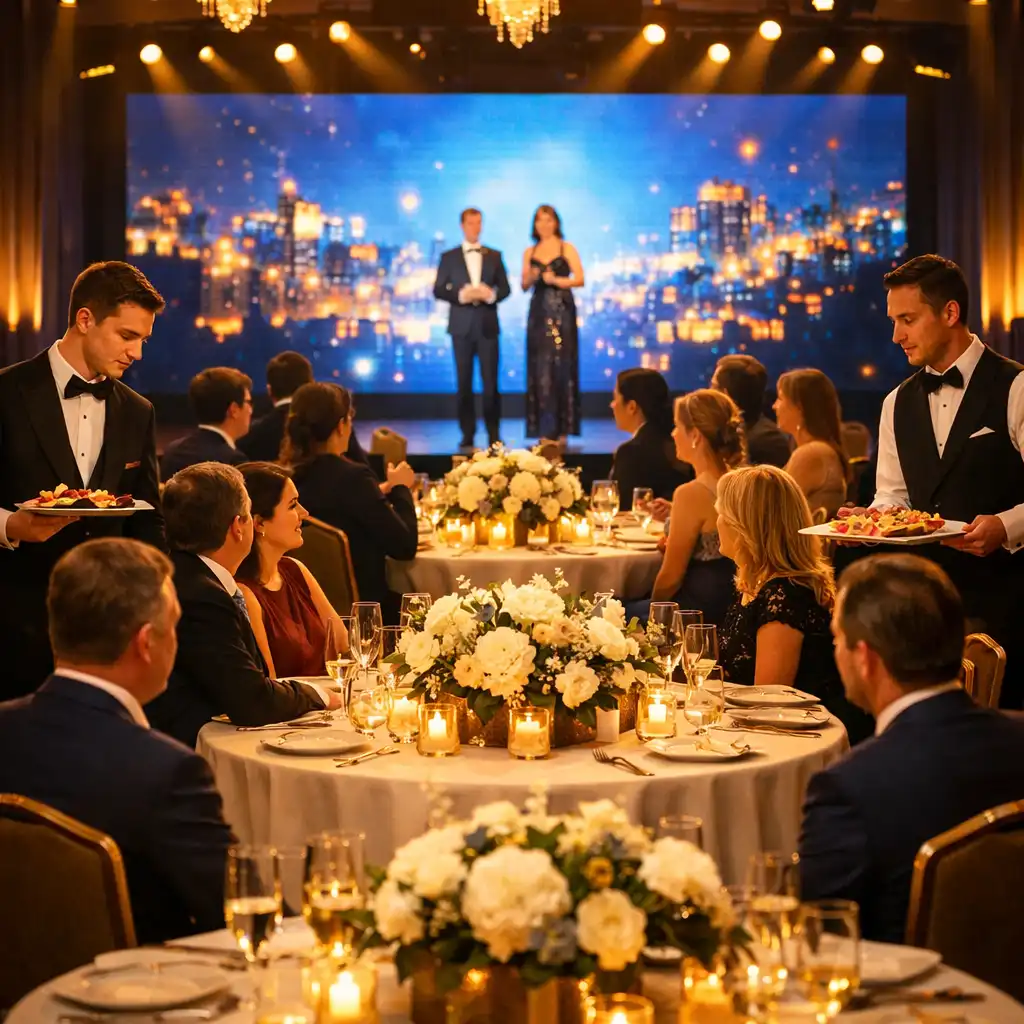 Elegancka sala bankietowa z okrągłymi stołami, dekoracjami kwiatowymi i sceną z ekranem LED podczas eventu korporacyjnego