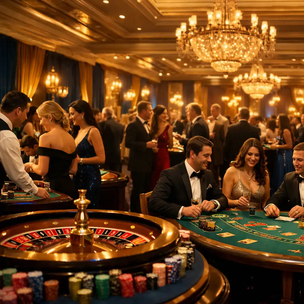 Elegancka sala eventowa podczas wieczoru kasynowego z widokiem na stoły do ruletki i blackjacka