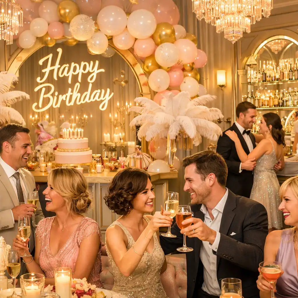 Stylizacja wnętrza na prywatną celebrację urodzinową w stylu art deco ze strefą barową