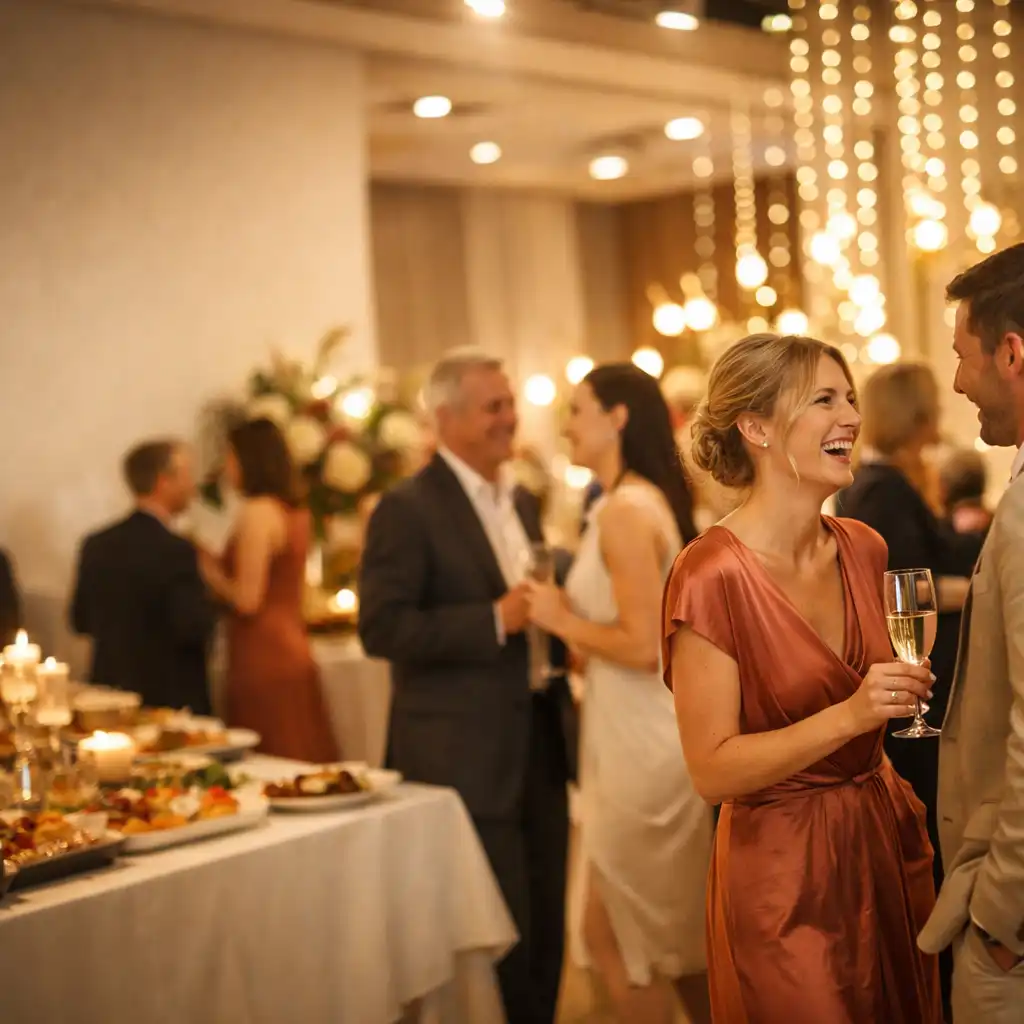 Goście rozmawiający podczas eleganckiego przyjęcia w nowoczesnej sali bankietowej