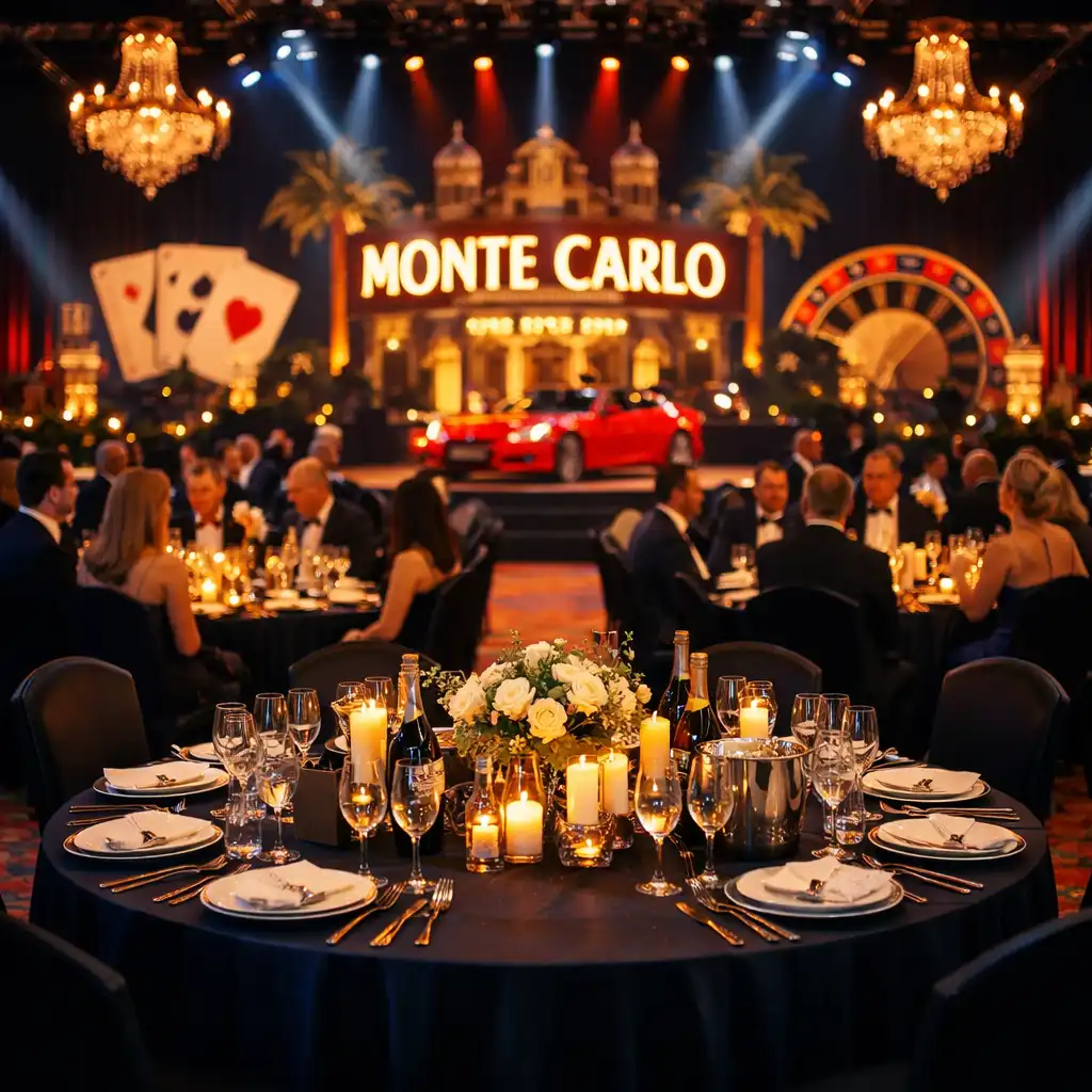 Szerokie ujęcie sali bankietowej podczas gali korporacyjnej z motywem Monte Carlo