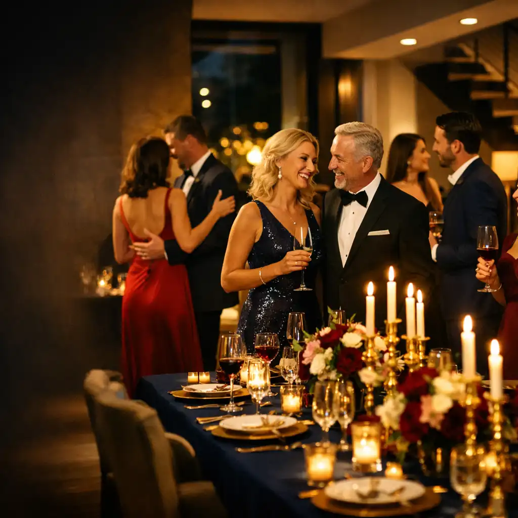 Eleganckie przyjęcie prywatne w nowoczesnej willi z gośćmi w wieczorowych strojach