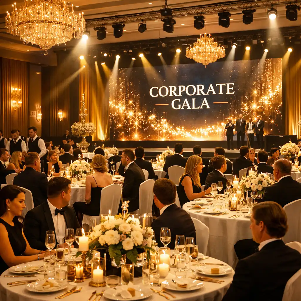 Elegancka gala korporacyjna w dużej sali bankietowej ze sceną i dekoracjami