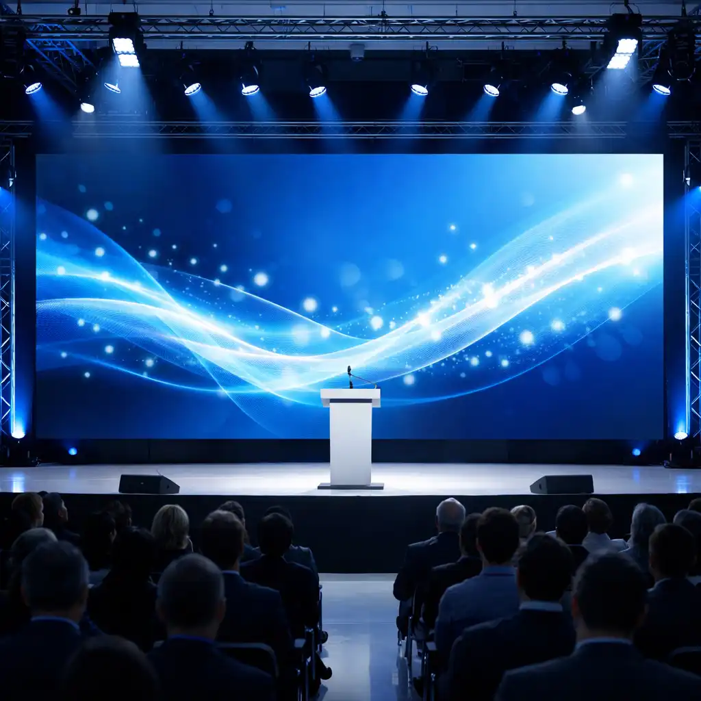 Scena konferencyjna z dużym ekranem LED, mównicą i profesjonalnym oświetleniem studyjnym