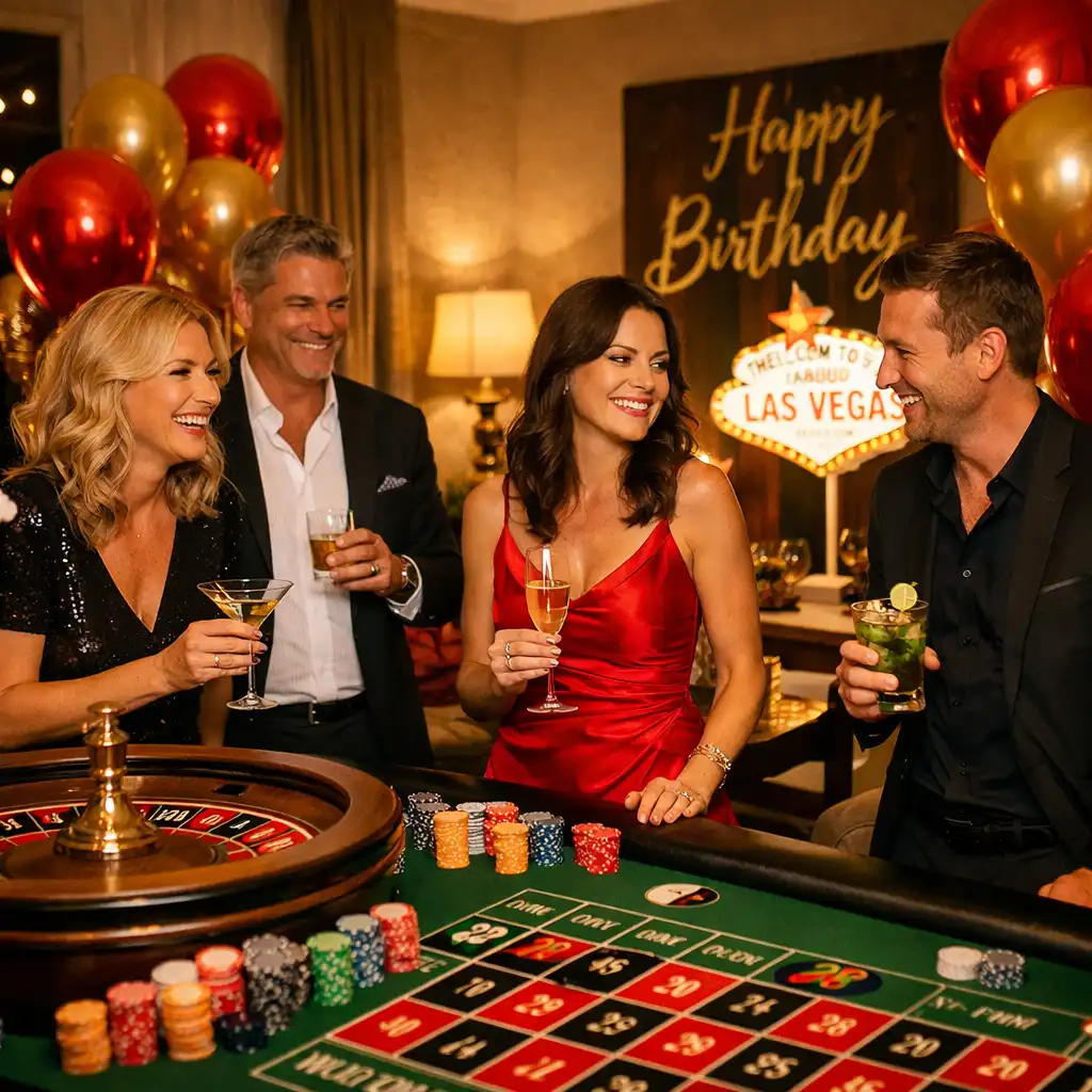 Kameralne przyjęcie urodzinowe w stylu Las Vegas z dekoracjami i stołem do ruletki