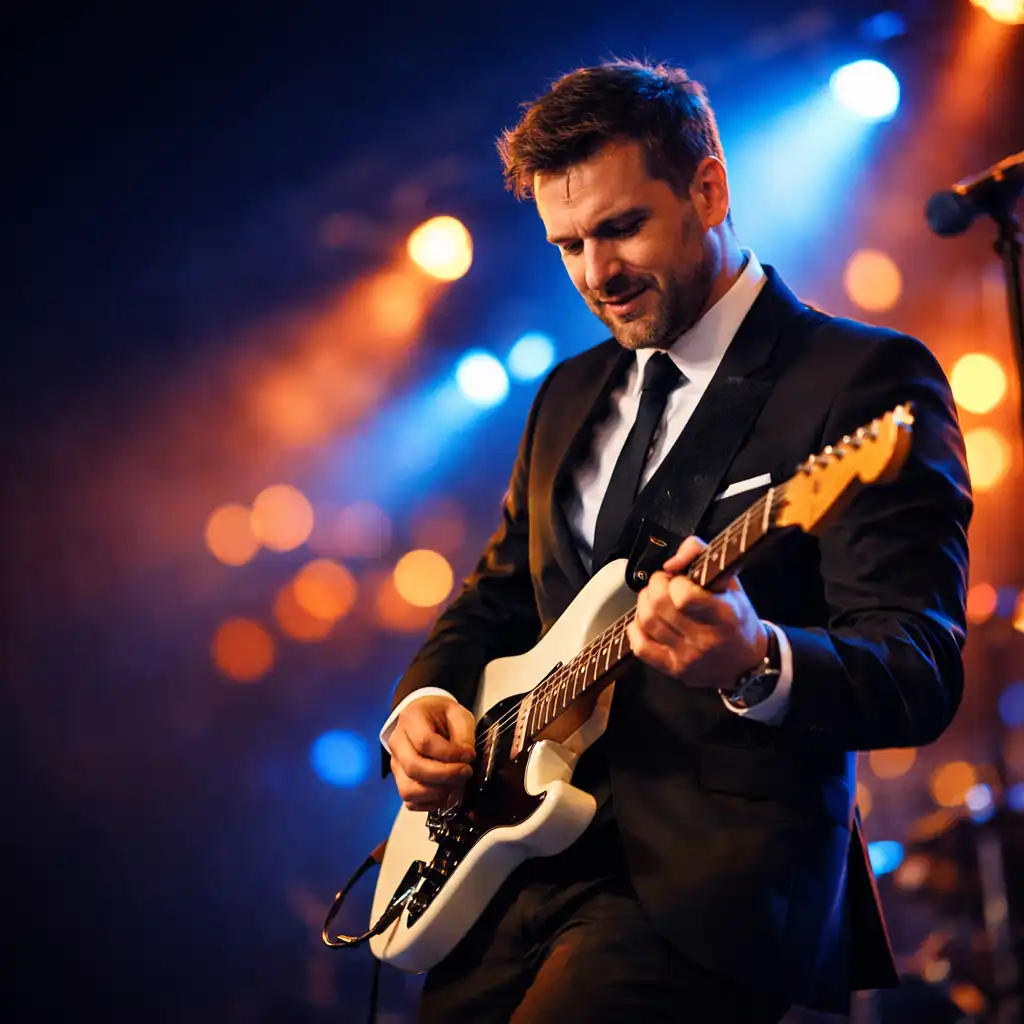 Artysta grający na gitarze elektrycznej podczas eleganckiego eventu