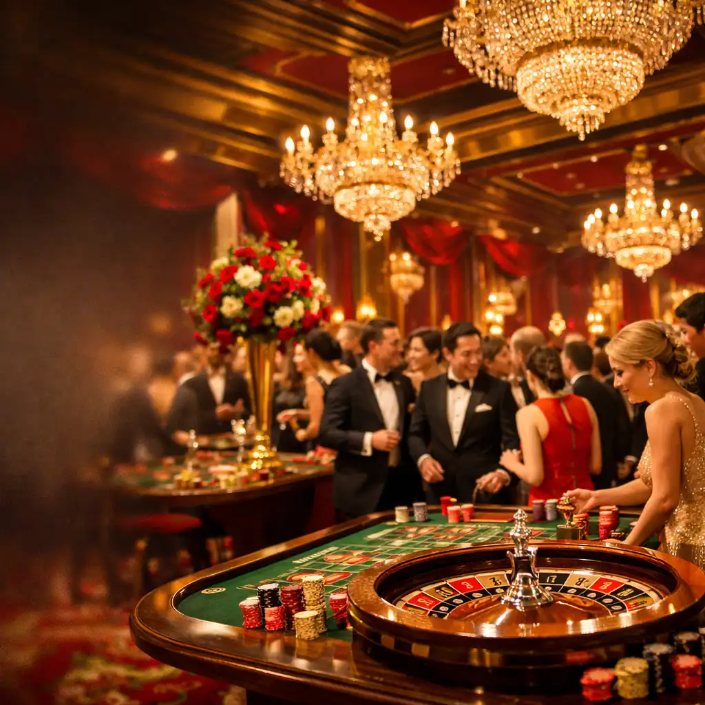 Elegancka sala bankietowa w stylu kasyna Monte Carlo z czerwonymi i złotymi dekoracjami