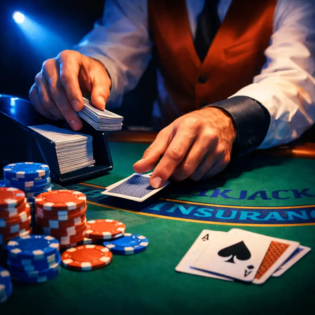 Zbliżenie na talię kart i żetony na stole do blackjacka